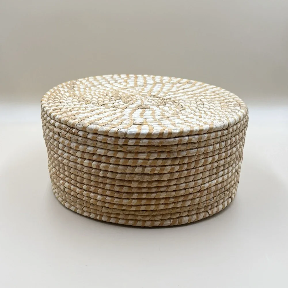 Handwoven Lidded Raffia Coil Basket Natural Boho Woven Storage Basket Vintage